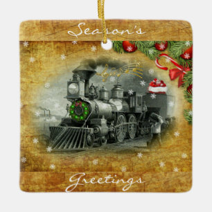 Vintage Christmas Steam Train Ceramic Ornament