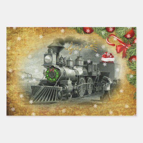 Vintage Christmas Steam Train Wrapping Paper Sheets