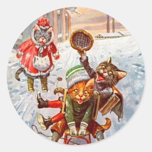 Vintage Christmas Sticker Arthur Thiele Cats Classic Round Sticker