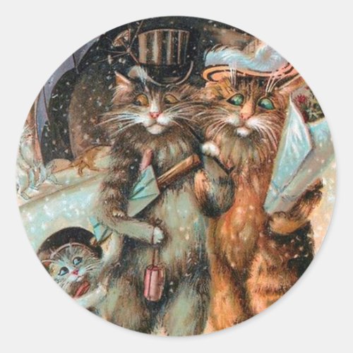 Vintage Christmas Sticker Louis Wain Cats Classic Round Sticker