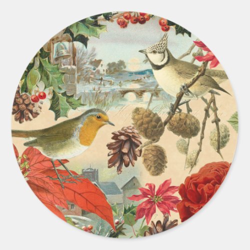 Vintage Christmas sticker w birds and red flowers