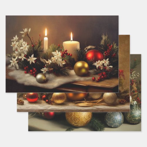 Vintage Christmas Still Life Paintings Trio Wrapping Paper Sheets