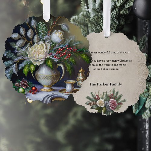 Vintage Christmas Still Life with Roses and Urn Ornament Card