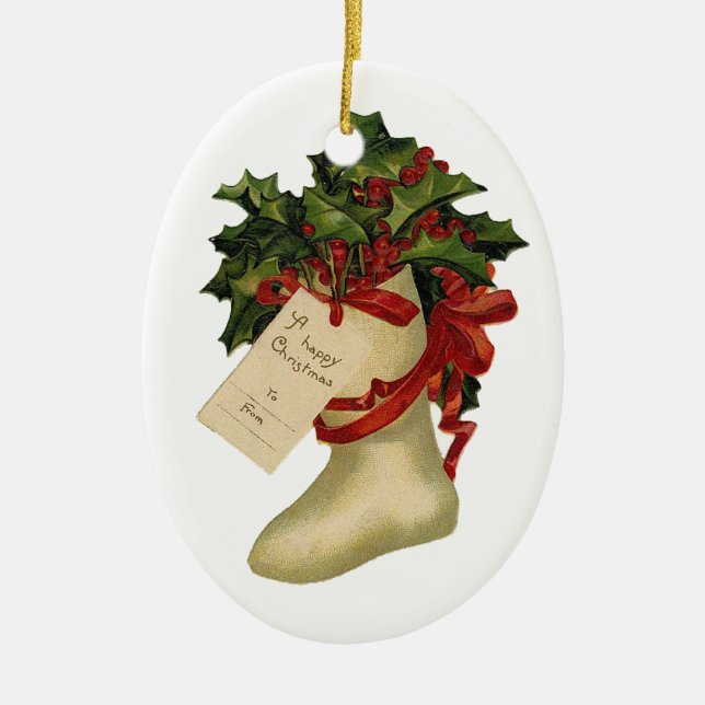 Vintage Christmas Stocking Ceramic Ornament (Front)
