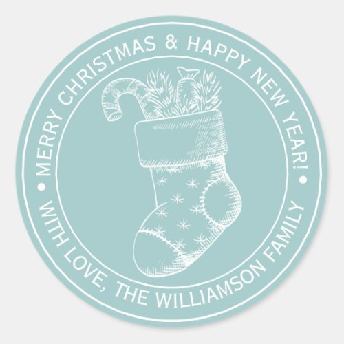Vintage Christmas Stocking Holiday Wishes Blue Classic Round Sticker
