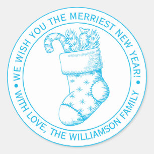 Vintage Christmas Stocking Holiday Wishes Blue Ink Classic Round Sticker