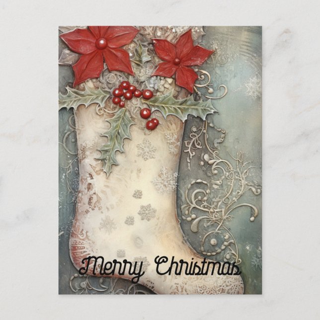 Vintage Christmas Stocking Poinsettia Flowers Postcard (Front)