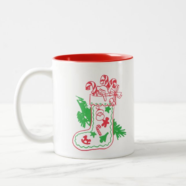 Vintage Christmas Stocking Two-Tone Coffee Mug (Left)