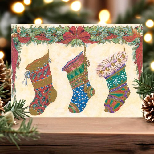 Vintage Christmas Stockings Holiday Postcard