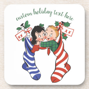Vintage Christmas Stockings with Cute Children Beverage Coaster