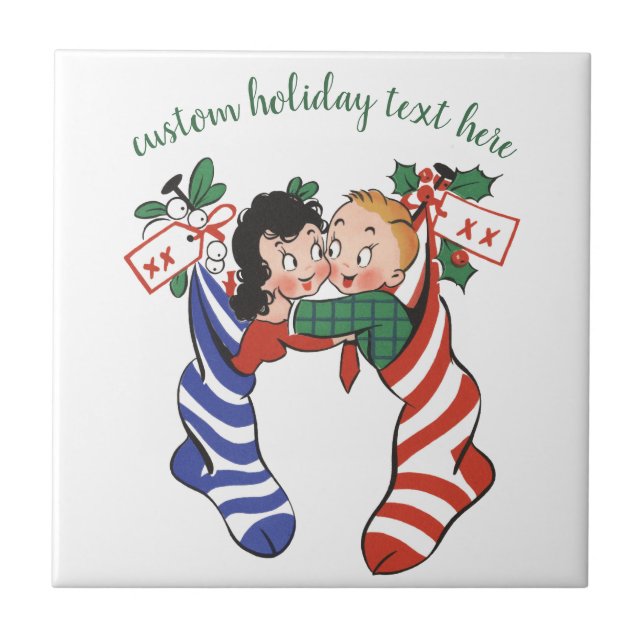 Vintage Christmas Stockings with Cute Children Ceramic Tile (Front)