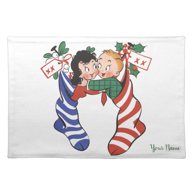 Vintage Christmas Stockings with Cute Children Cloth Placemat (Front)