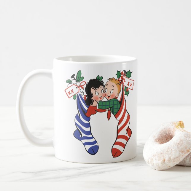 Vintage Christmas Stockings with Cute Children Coffee Mug (With Donut)