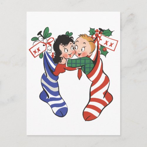 Vintage Christmas Stockings with Cute Children Holiday Postcard