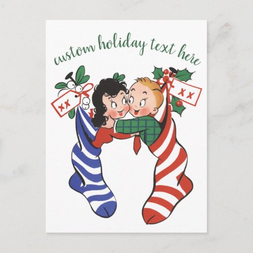 Vintage Christmas Stockings with Cute Children Holiday Postcard