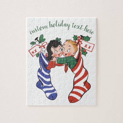 Vintage Christmas Stockings with Cute Children Jigsaw Puzzle