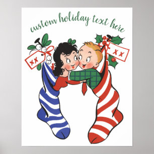 Vintage Christmas Stockings with Cute Children Poster