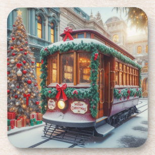 Vintage Christmas Streetcar in Snow Beverage Coaster