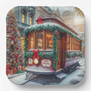 Vintage Christmas Streetcar in Snow Paper Plates