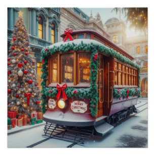 Vintage Christmas Streetcar in Snow Poster