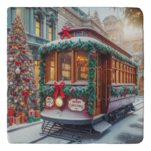 Vintage Christmas Streetcar in Snow Trivet