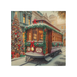 Vintage Christmas Streetcar in Snow Wood Wall Art