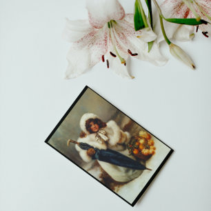 Vintage Christmas Sweet Girl Umbrella Fruit Flower Holiday Postcard