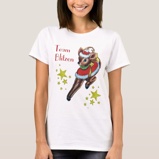 vintage christmas team blitzen reindeer tshirt (Front)