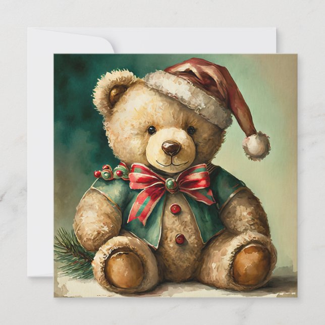 Vintage Christmas Teddy bear Holiday Card (Front)