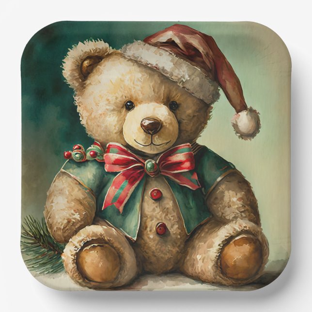 Vintage Christmas Teddy bear Paper Plates (Front)