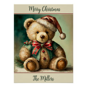 Vintage Christmas Teddy bear personalized Poster