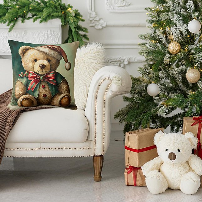 Vintage Christmas Teddy bear Throw Pillow (Creator Uploaded)