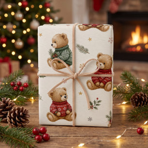 Vintage Christmas Teddy Bears Holiday Wrapping Paper Sheets