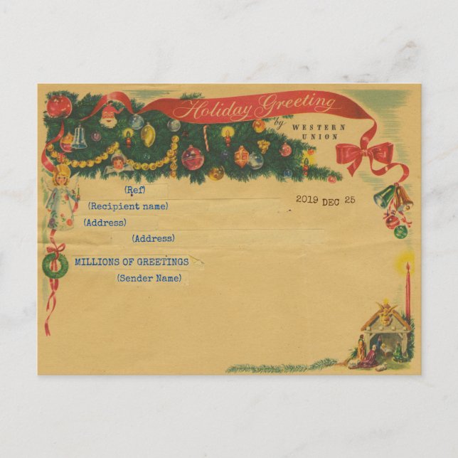 Vintage Christmas telegram (Customizable) Postcard (Front)