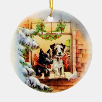 Vintage Christmas Terrier Dog Ceramic Ornament by Zazilicious at Zazzle