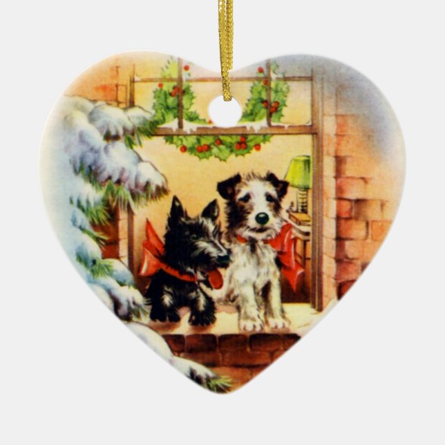 Vintage Christmas Terrier Dog Ceramic Ornament (Front)