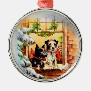 Vintage Christmas Terrier Dog Metal Ornament by Zazilicious at Zazzle