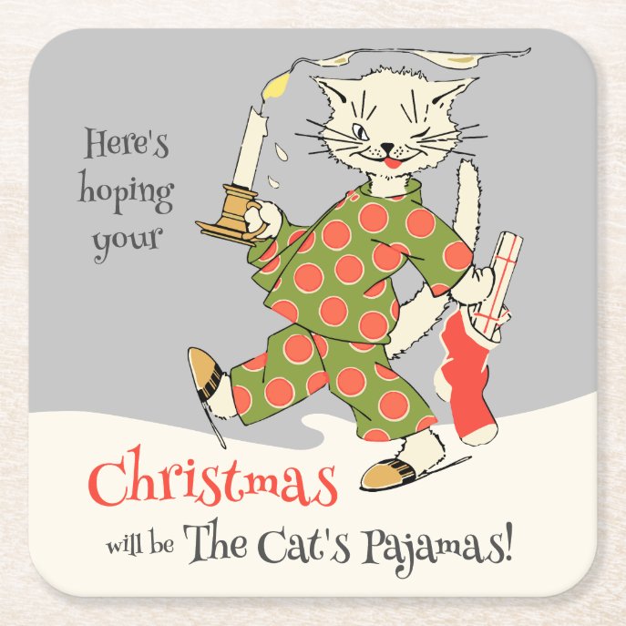 Vintage Christmas The Cat&#39;s pajamas CC1273 Funny  Square Paper Coaster