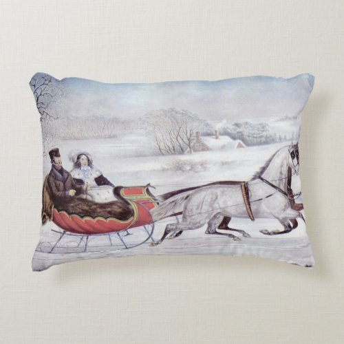 Vintage Christmas The Road Winter Sleigh Horse Accent Pillow