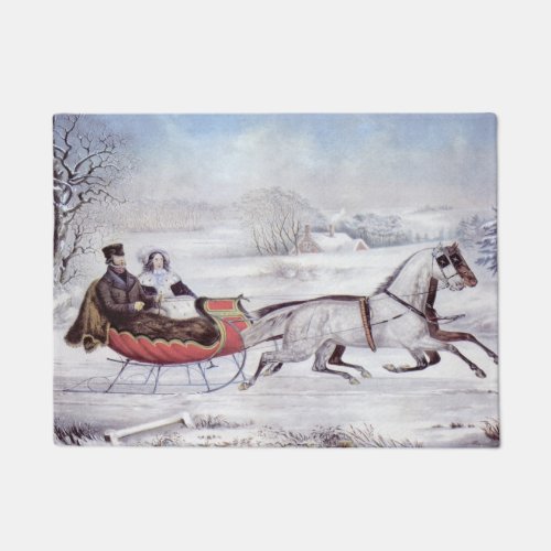 Vintage Christmas The Road Winter Sleigh Horse Doormat
