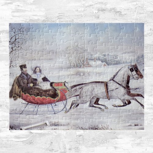 Vintage Christmas The Road Winter Sleigh Horse Jigsaw Puzzle