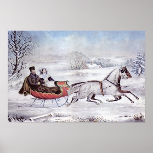 Vintage Christmas The Road Winter Sleigh Horse Poster