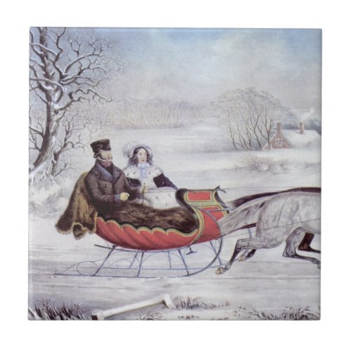 Vintage Christmas The Road Winter Sleigh Horse Tile