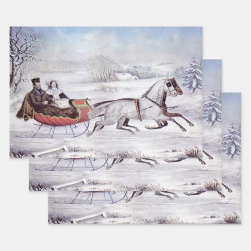 Vintage Christmas The Road Winter Sleigh Horse Wrapping Paper Sheets