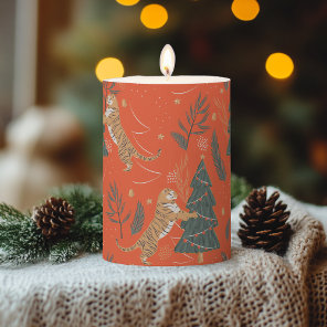 Vintage Christmas Tiger and Christmas Tree Pillar Candle
