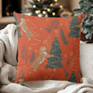 Vintage Christmas Tiger and Christmas Tree Throw Pillow
