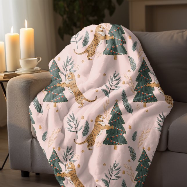 "Vintage Christmas Tiger with Christmas Tree Pink  Sherpa Blanket (Creator Uploaded)