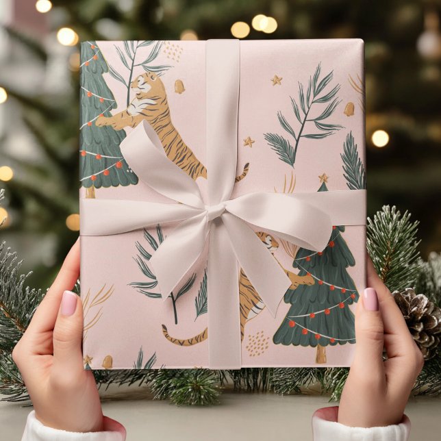 Vintage Christmas Tiger with Christmas Tree Pink  Wrapping Paper (Creator Uploaded)