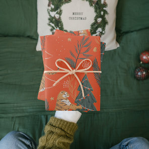 Vintage Christmas Tiger With Christmas Tree Wrapping Paper Sheets