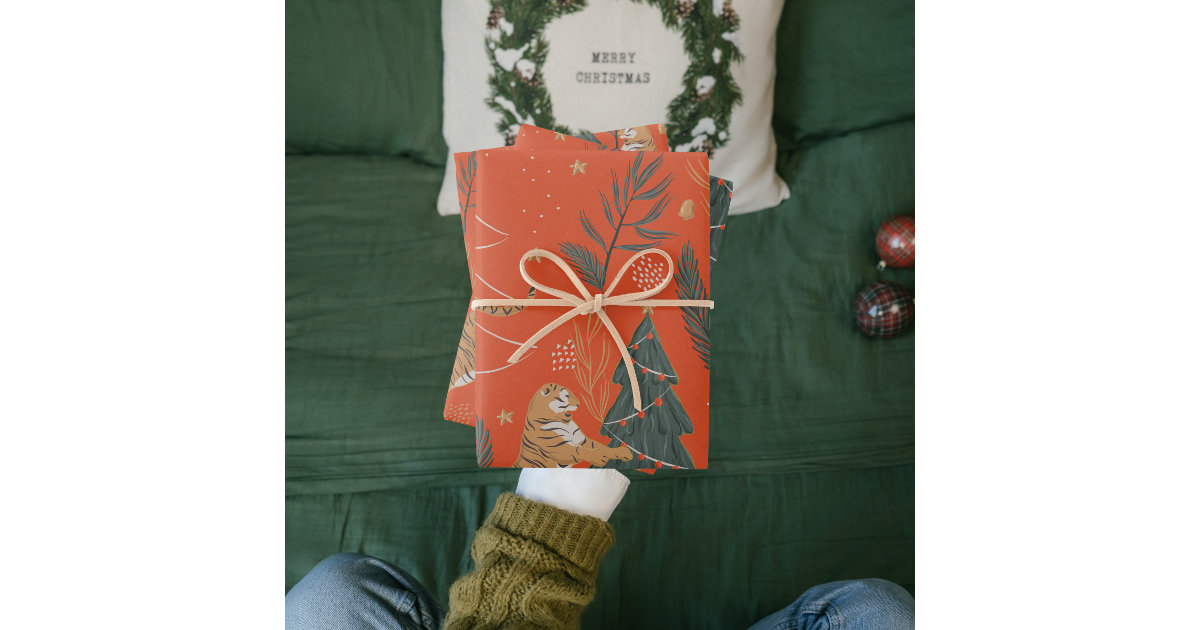 Vintage Orange Christmas Colorful Pattern Wrapping Paper Sheets